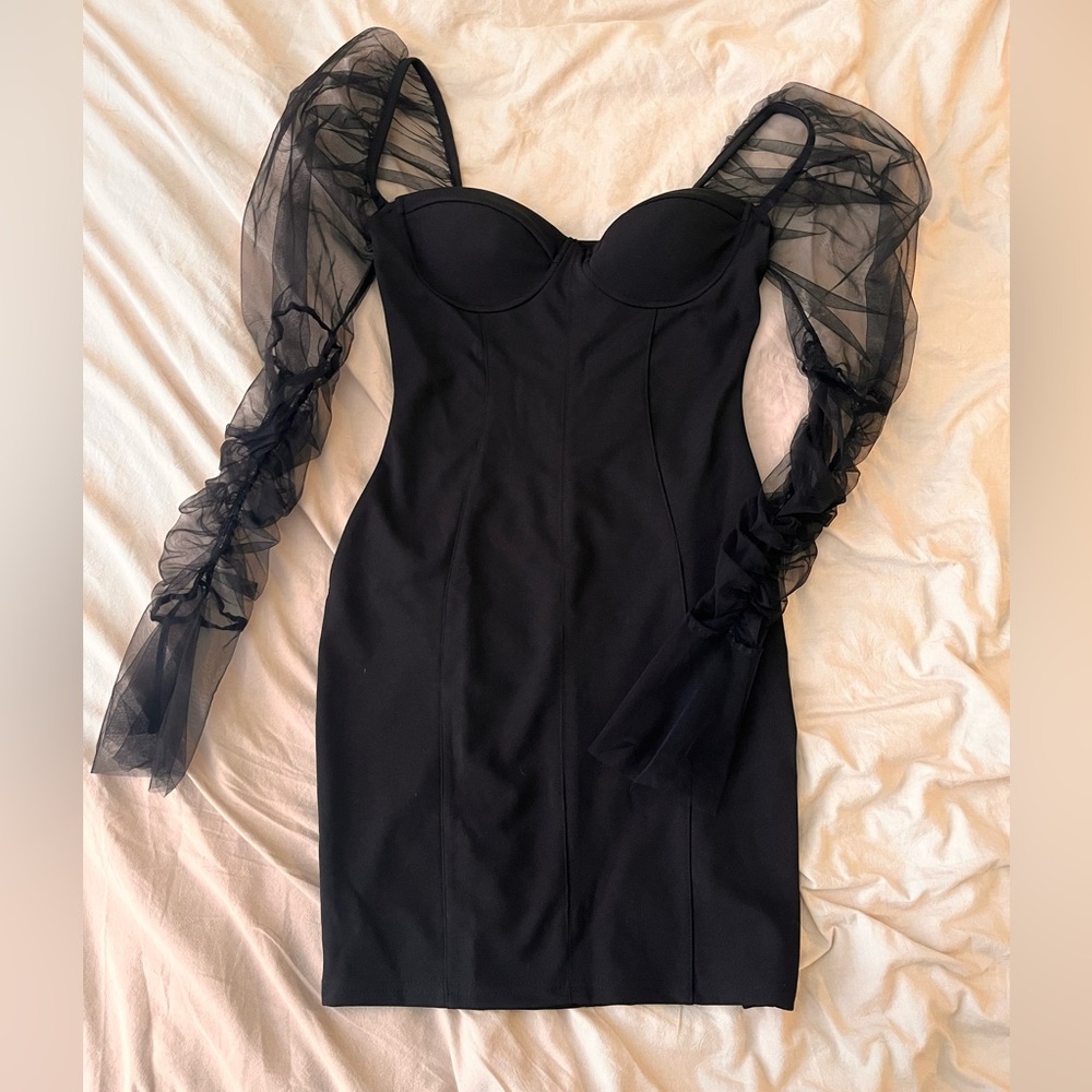 ✨NWOT L’VOW Black Dress with Sheer Puff Sleeves